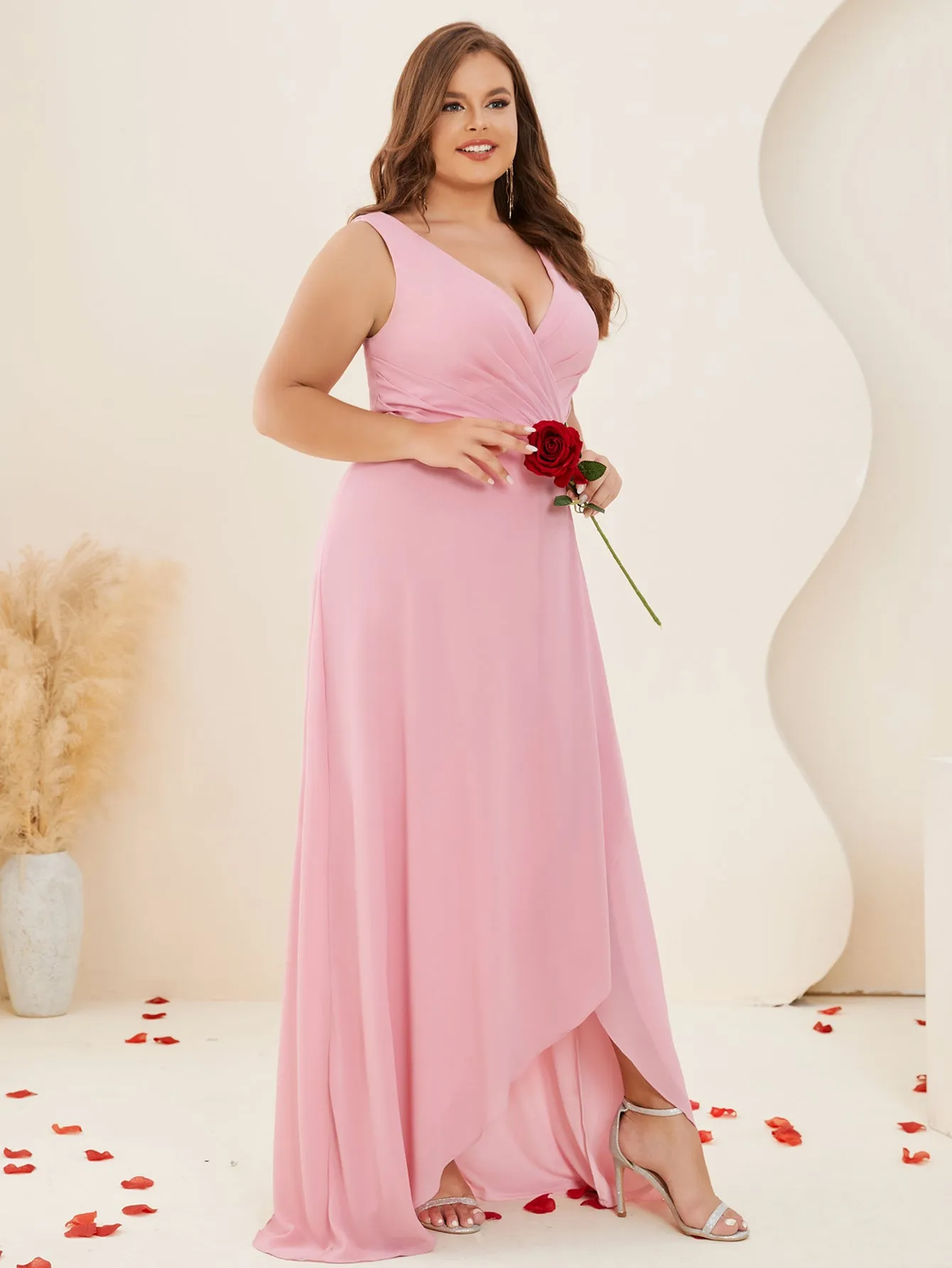 Women Plus Size V-neck Chiffon Split High Low Bridesmaid Dresses