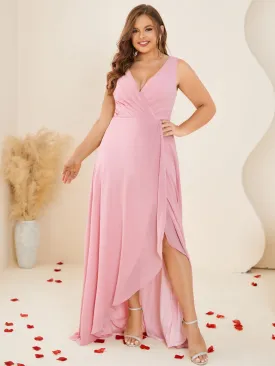 Women Plus Size V-neck Chiffon Split High Low Bridesmaid Dresses